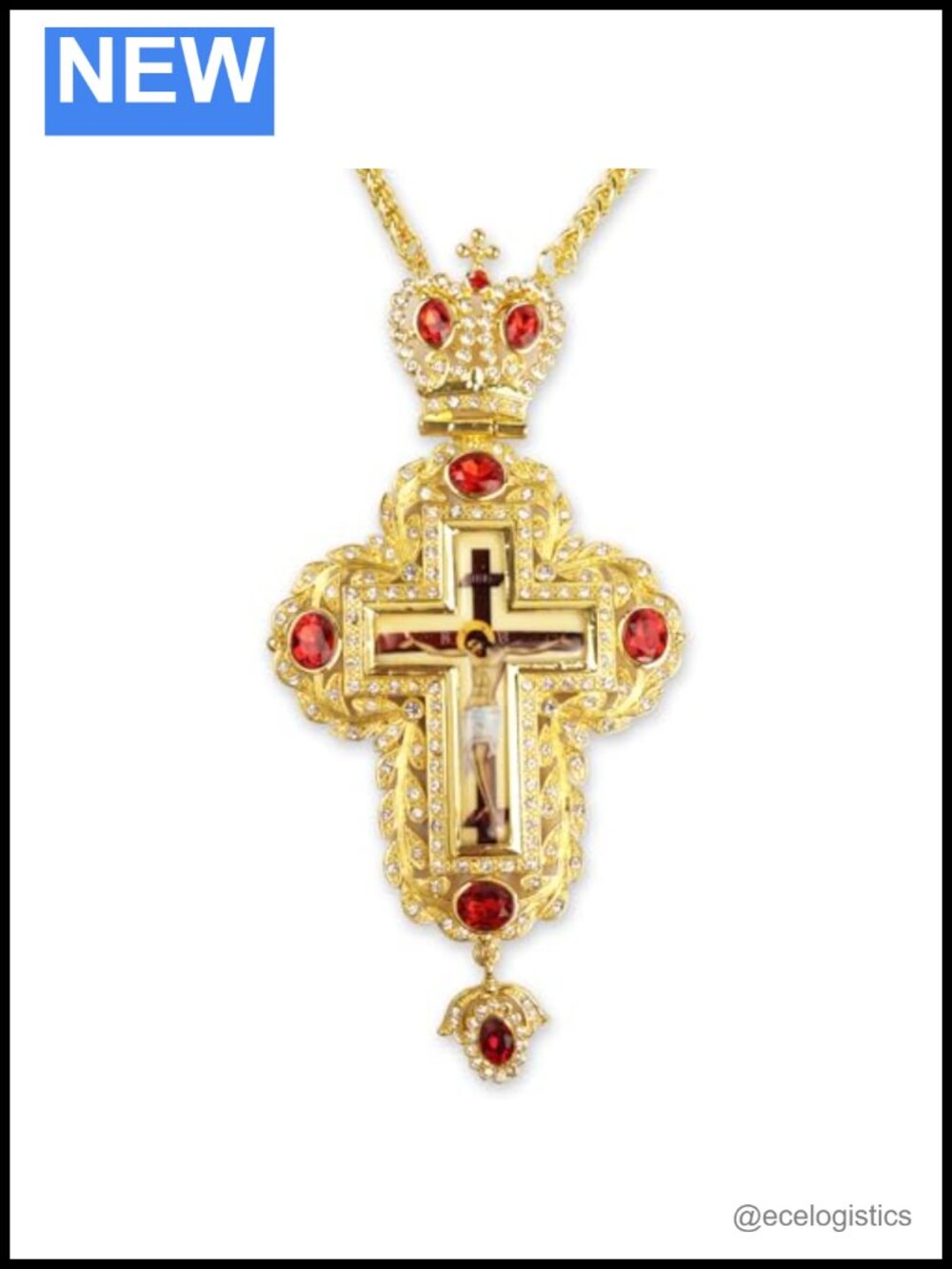 Brass Pectoral Cross Necklace Red Jewel Accents Anglican Bishop 24"
